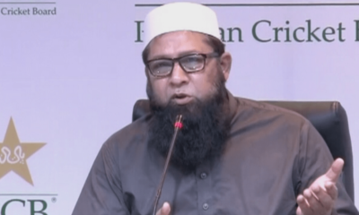 Inzamam-ul-Haq addresses a press conference.